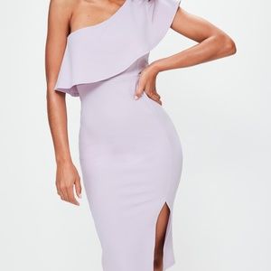 lavender one shoulder midi dress